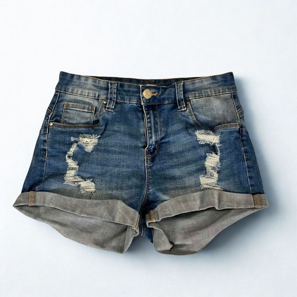 Charlotte Russe Denim Shorts Women 7 Distressed Rolled Cuff Medium Wash Y2K